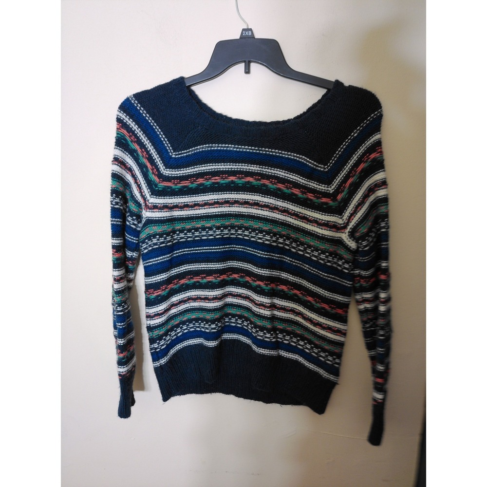 Hollister Fair Isle Sweater Womens Large Navy Blue Multi Knit Scoop Neck 2294